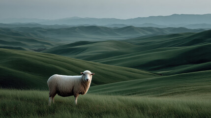 Fototapeta premium White sheep green hill rolling landscape pastoral scene rural meadow lone animal grass field scenic valley distant mountain tranquil view