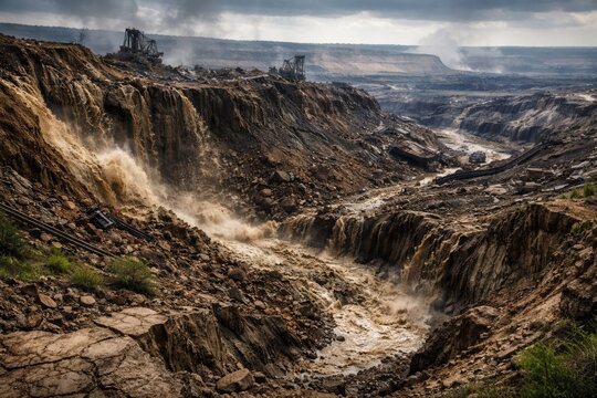 Geological instability caused by landslide in lignite mining site showing environmental damage
