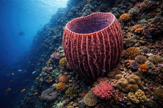 A large barrel sponge growing on a colorful coral reef wall