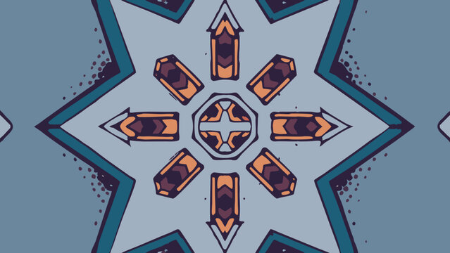 Geometric kaleidoscope pattern displays symmetrical blue and orange shapes on a light blue.