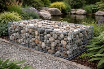 Obraz premium Decorative Stones in Galvanized Gabion Box for Tranquil Garden Setting