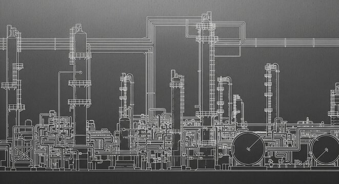 Industrial oil refinery complex at night, a detailed blueprint-style illustration showcasing infrastructure and pipes against a dark background