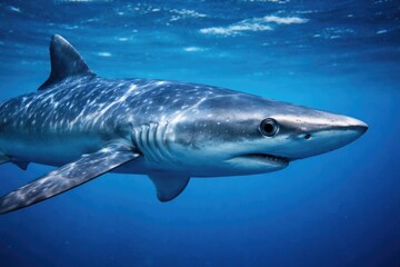 Fototapeta premium Close up lateral view of a blue shark displaying unique biological patterns in open ocean