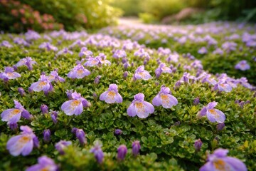 Fototapeta premium Mazus Reptans Ground Cover Blooming in Spring Garden Setting