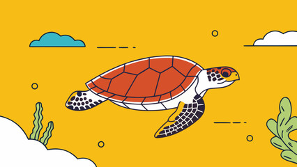Fototapeta premium Turtle swimming in a stylized underwater ocean environment with clouds and seaweed for marine nature themed presentations.