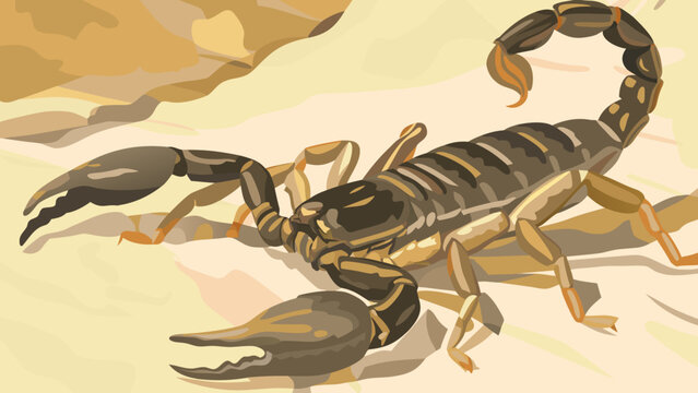 Scorpion crawling on desert sand with sharp pincers raised.