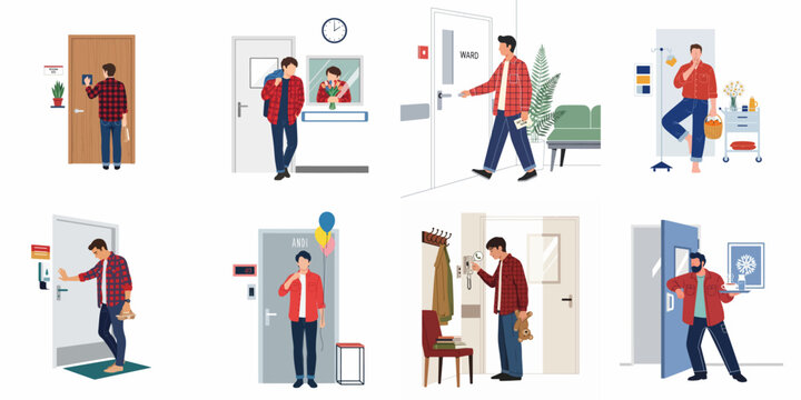 Collection of illustrations depicting a man visiting a sick friend or relative in a hospital or at home with gifts, food, and care.