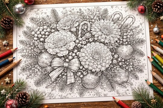 Festive holiday decorations coloring page with carnations chrysanthemums brunia and fir showcasing seasonal joy
