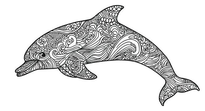 Zentangle dolphin featuring flowing sea wave patterns for adult coloring pages