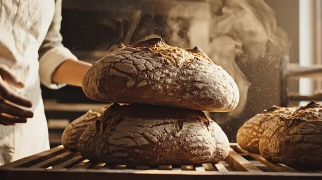 Freshly baked artisan bread steaming on a cooling rack held by a baker