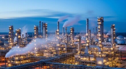 Naklejka premium Oil Refinery Industrial Facility at Twilight Stock Image, Large Petrochemical Plant Infrastructure with Illuminated Processing Towers and Steam Emissions in Evening Photography