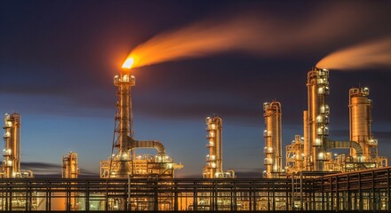 Fototapeta premium Oil Refinery Plant at Night with Industrial Flare Stacks and Glowing Pipelines Stock Image for Energy Production and Petrochemical Infrastructure Concepts