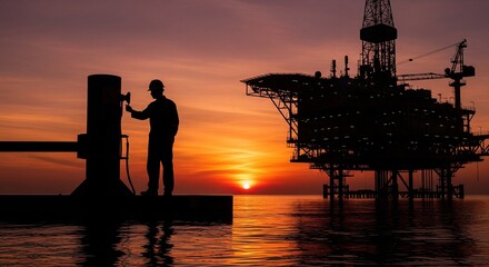 Fototapeta premium Oil Rig Worker Silhouette at Sunset Stock Image Featuring Offshore Petroleum Platform Engineering Operations in the Ocean at Twilight