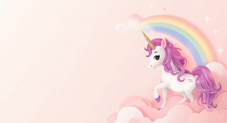 Obraz premium 3D style vector of a unicorn and rainbow set against a gentle pink cloud backdrop