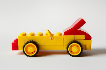 Obraz premium Toy block car lego yellow red simple design white background kids building playful construction model