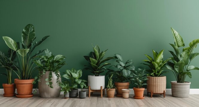 Home interior styled for nature enthusiasts featuring diverse healthy plants in classic pots alongside a green wall