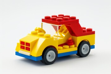 Obraz premium Toy block car lego yellow red simple design white background kids building playful construction model