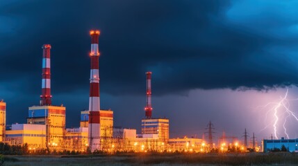 Obraz premium A power plant lit by streetlights under a stormy sky, with lightning striking in the distance