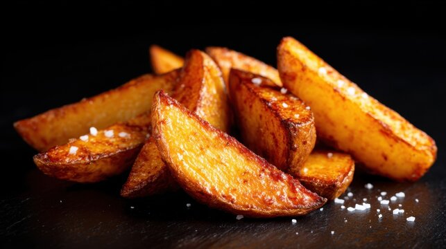 Golden-brown, crispy potato wedges sprinkled with salt against a dark background