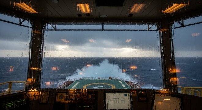 View from the Bridge of a Ship at Sea During a Stormy Day Photography Capturing the Command Center Overlooking a Rough Ocean and Helideck for Maritime Industry