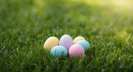 Fototapeta premium Group of six pastel Easter eggs placed on verdant lawn allowing copy space
