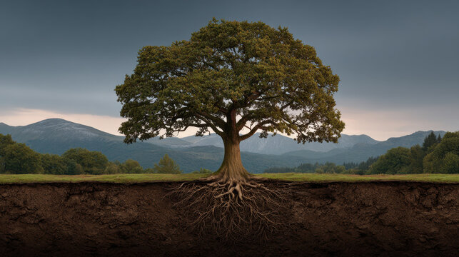 Mature tree with exposed root system in soil cross section beneath mountain landscape at dusk, natural growth and strong foundation