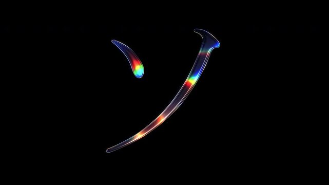 A Japanese Katakana "ソ" shimmering with various colored lights on a glass-like surface with an alpha channel. Serif font. Seamless loop video.