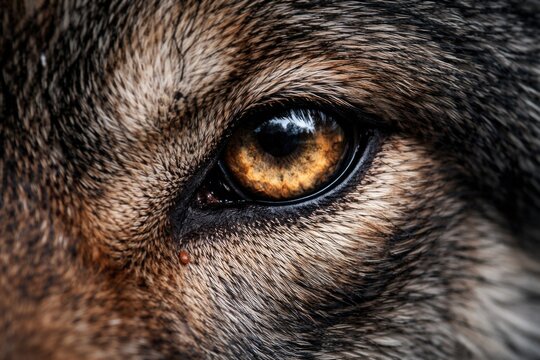 Close-Up of a Wild Wolf's Eye Showing Fur and Iris Texture