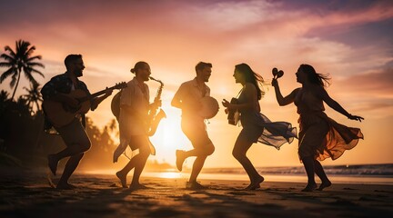 Fototapeta premium Silhouetted Friends Jumping and Playing Instruments on Sunset Beach