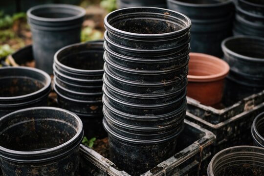 Close up view of stacked empty black plastic plant pots on discarded containers