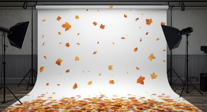 White backdrop with artistic autumn leaf fall pattern and copy space