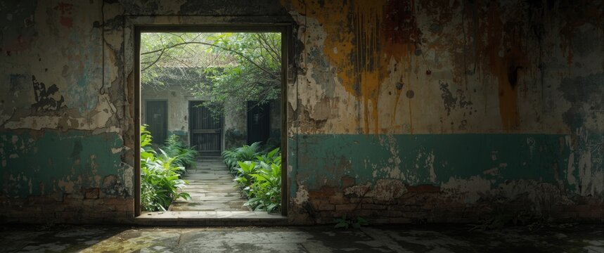 Rustic threshold featuring decaying walls and worn paint opening onto a verdant courtyard scene