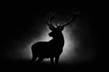 Naklejka premium Black and white photo of a deer silhouette against a dark background