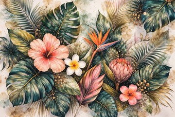 Fototapeta premium Modern tropical foliage artwork featuring mixed media floral patterns for stylish decoration