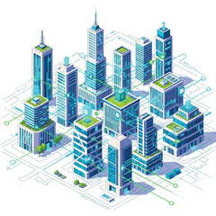 Fototapeta premium Isometric illustration of a futuristic cityscape with sleek skyscrapers and green rooftops on a white background with blue circuit lines.