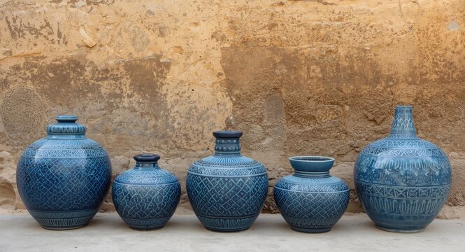 Traditional blue pottery set against a rough textured wall