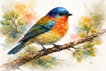 Naklejka premium watercolor painting of a colorful bird sitting on a slender tree branch