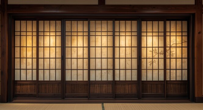 Wood framed Japanese sliding door with delicate paper panels showcasing design heritage