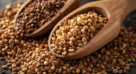 Obraz premium Macro detail of healthy grains mix in wooden scoops with natural and organic seasoning