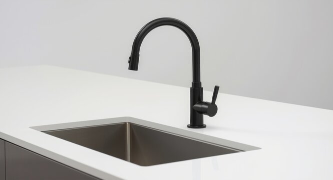 black kitchen faucet installed with an undermount sink over a bright white solid surface countertop