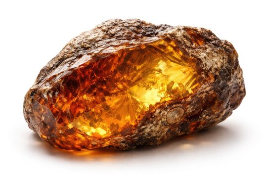 Petrified copal resin gemstone with natural crust on white backdrop for jewelry crafting