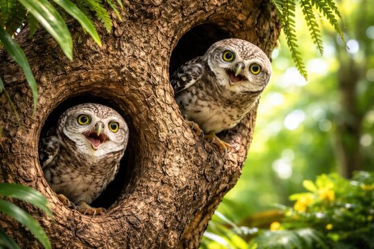 Two playful spotted owlets perched near tree holes in a lively tropical forest