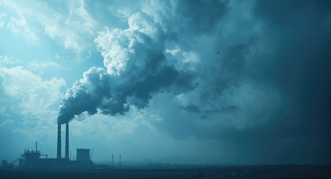 Polluted blue sky with white smoke clouds from factory chimneys releasing emissions