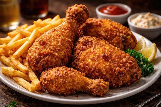 Crispy Golden Broasted Chicken with Fresh Fries on Plate