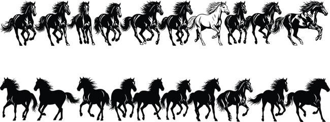 Running horses silhouette vector set, majestic wild horse icons, detailed stallion movement illustrations, horse mane flowing, equine nature animal design collection © Ideasy Mind