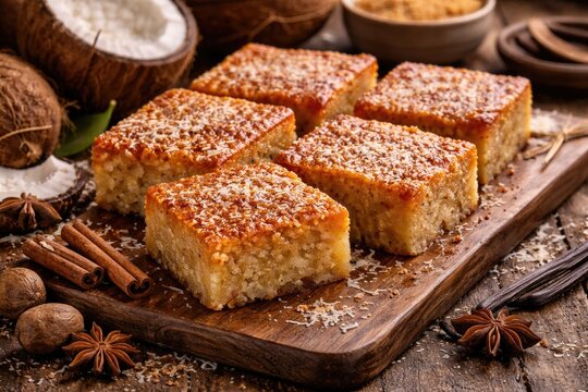 Traditional coconut and cassava pone dessert with warm spices