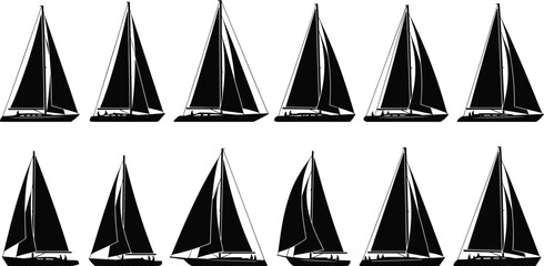 Sailboat vector silhouettes set, multiple sailboat designs with sails up, nautical marine collection, sailing sport icons, boat silhouettes for water and sea themes © Ideasy Mind