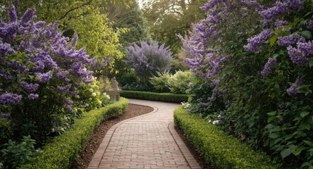 Obraz premium Tranquil walkway in garden surrounded by blooming purple blossoms and peaceful atmosphere