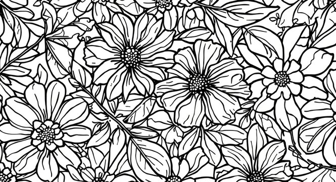 Stress relieving 2D floral and leaf line art for coloring book banner