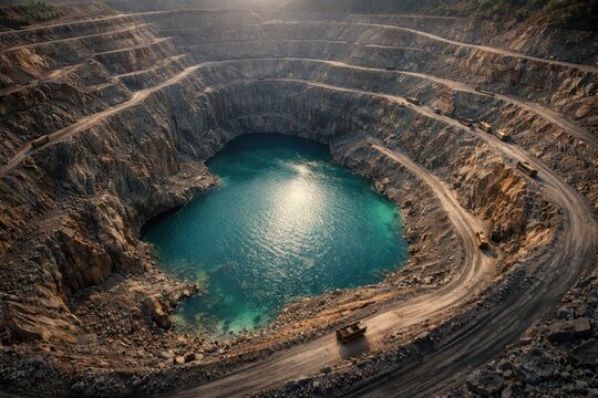 Top view of an expansive open pit mine featuring terraced excavation and a shimmering water pool inside the quarry area